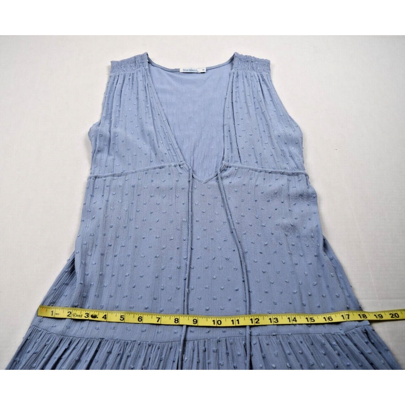 Vintage Sleeveless Dress Blue Island Size S/M 90s Rayon Tiered Textured Bust Tie