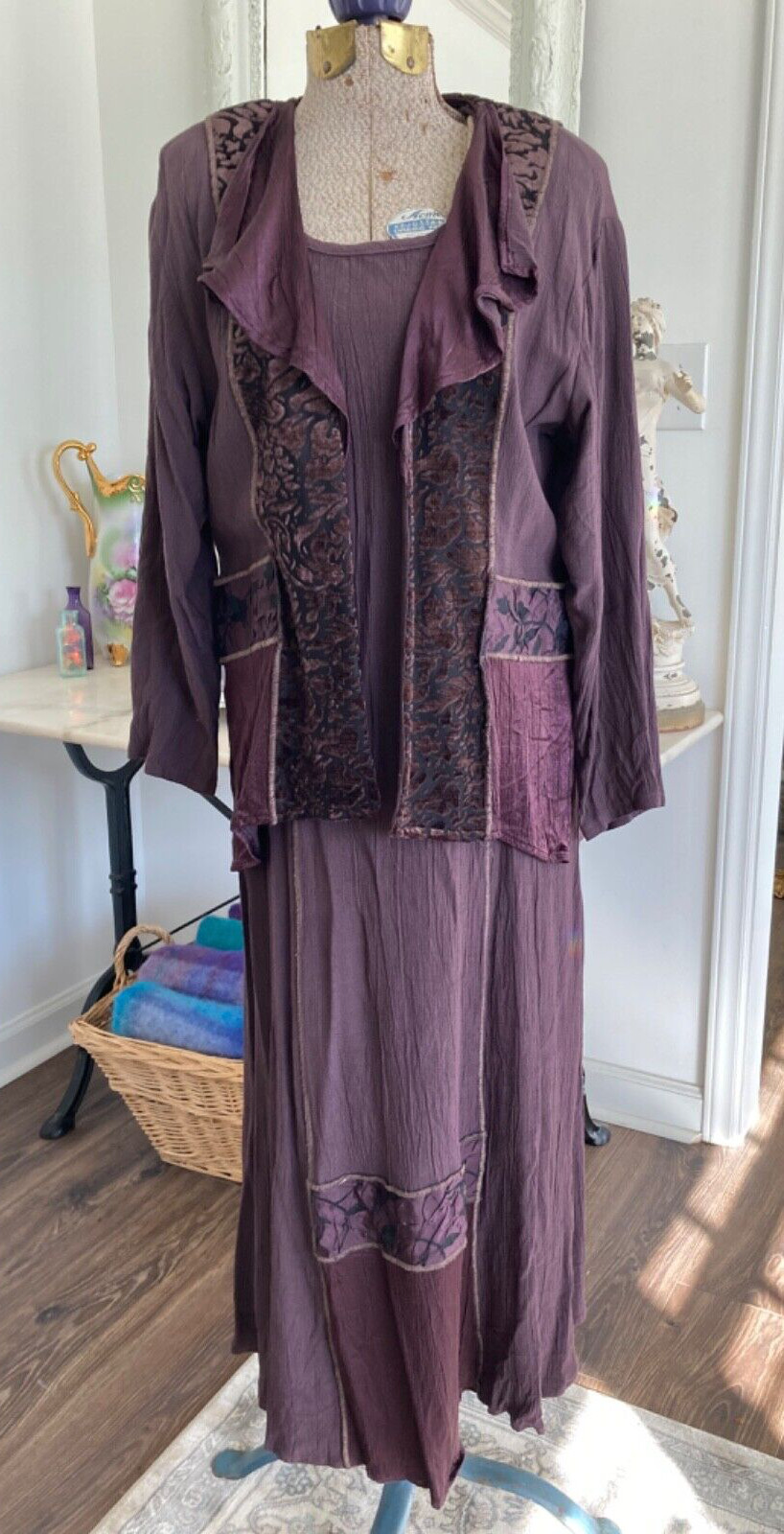 Vintage SPENCER ALEXIS 2PC Dress & Jacket Velvet Satin Crinkled M/8 USA EGGPLANT