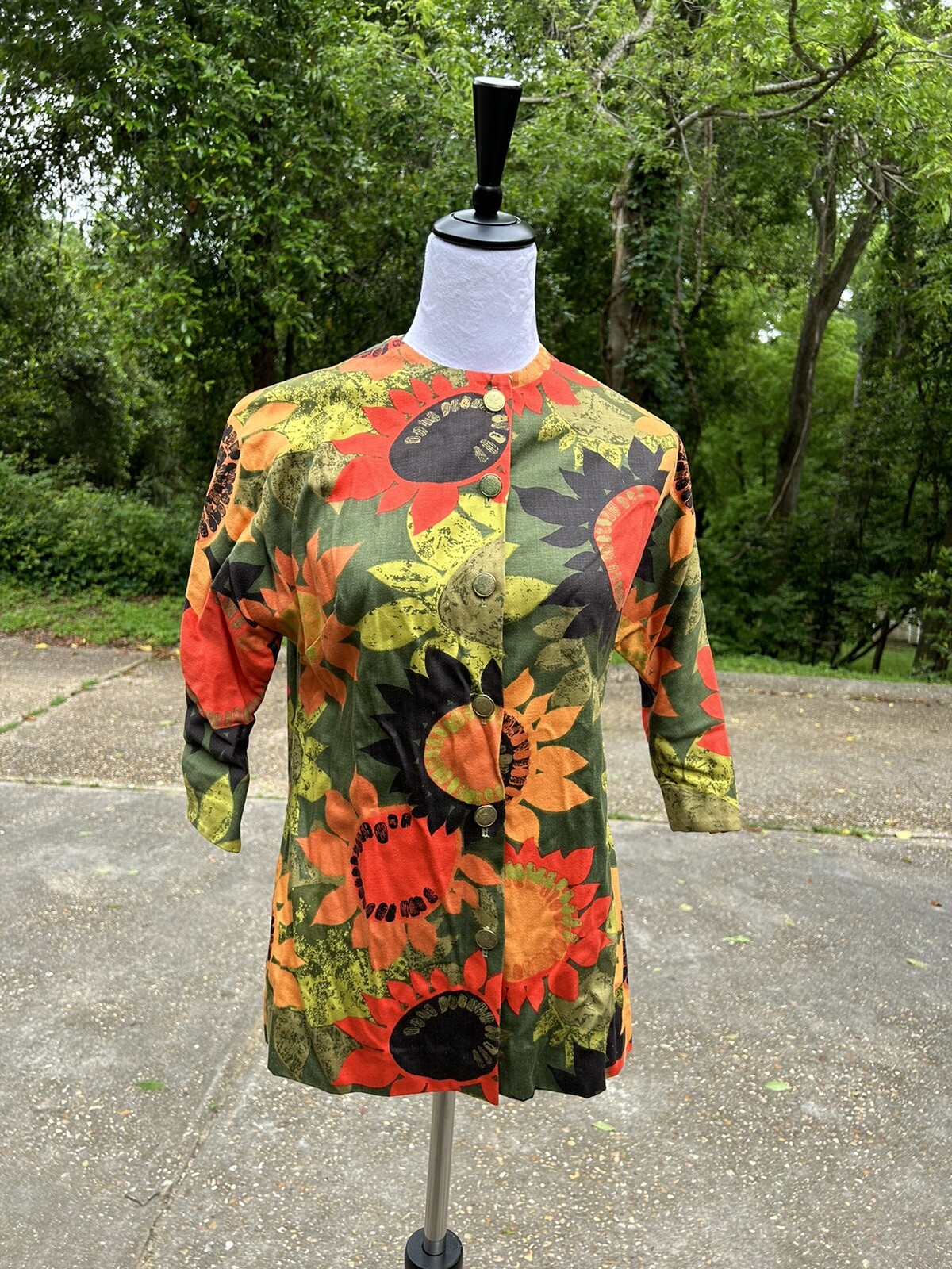 Vtg 60s Mod Floral Blouse Shirt Jacket 3/4 sleeve Sunflowers Abstract Art Boho