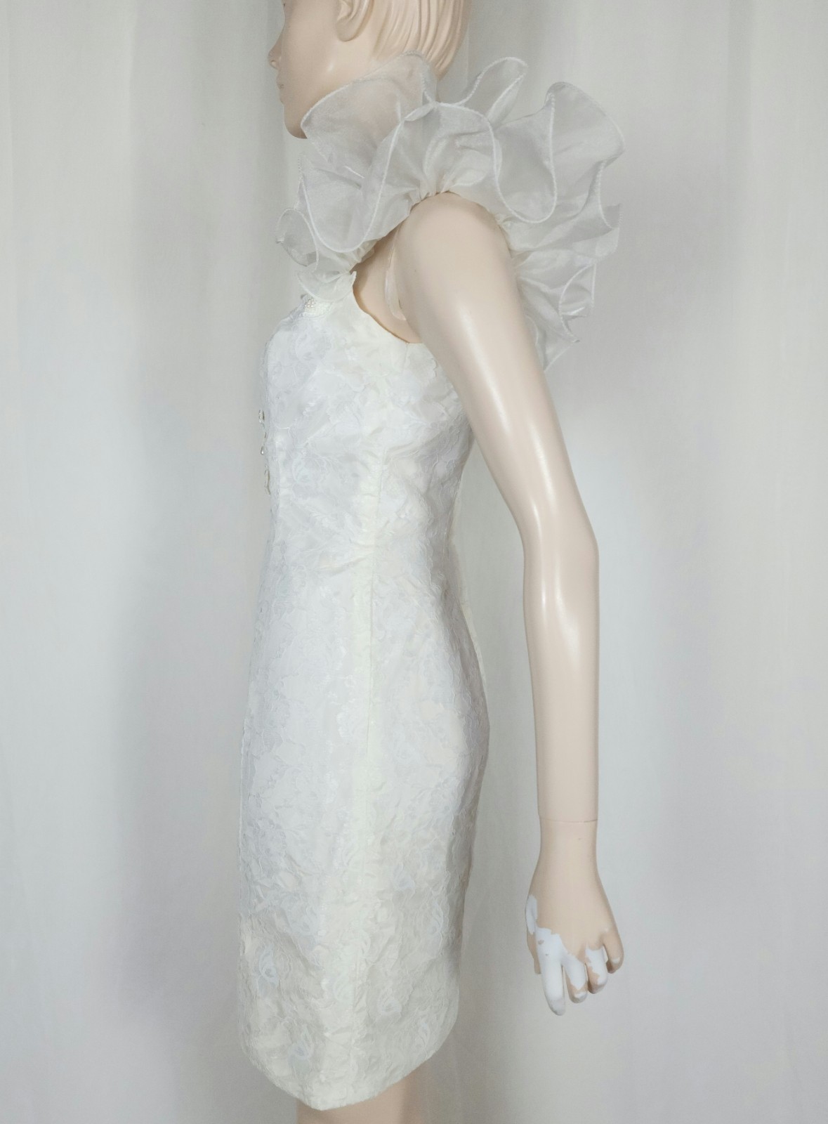 Vtg 80s puff ruffle shoulder lace mini dress S keyhole beaded