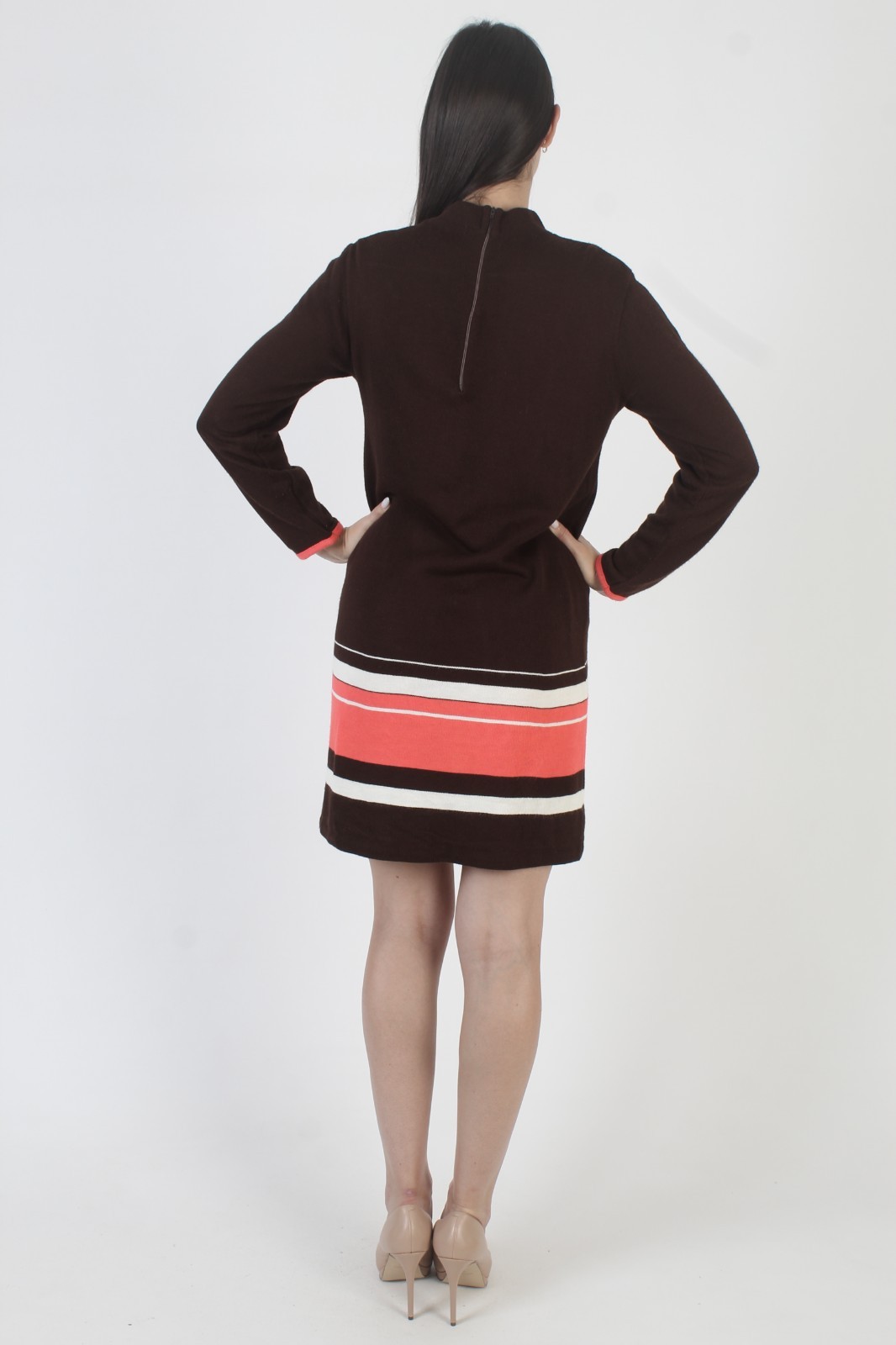 Vintage 60s Striped Sweater Dress Brown Acrylic Mid Century Mod Tennis Mini