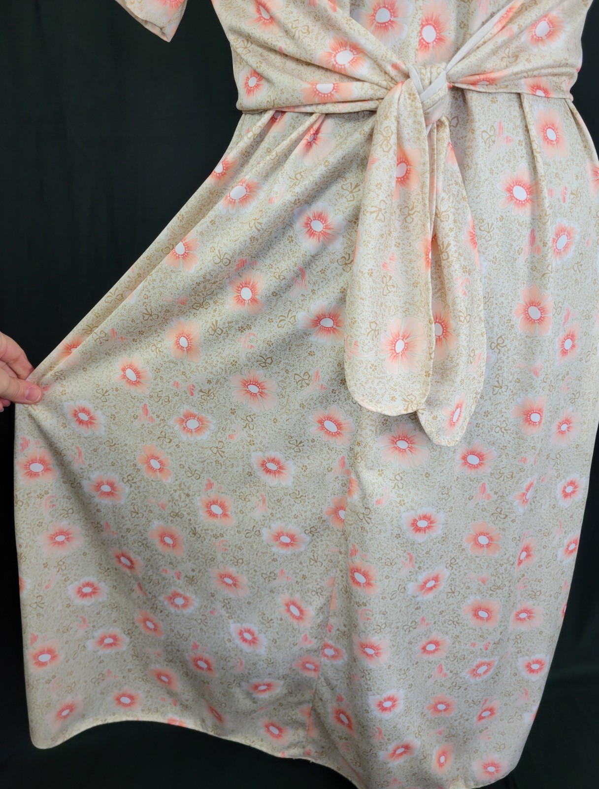 Vintage Cream/Gold/Coral Floral Dress w Wrap Around Overblouse Size XL?