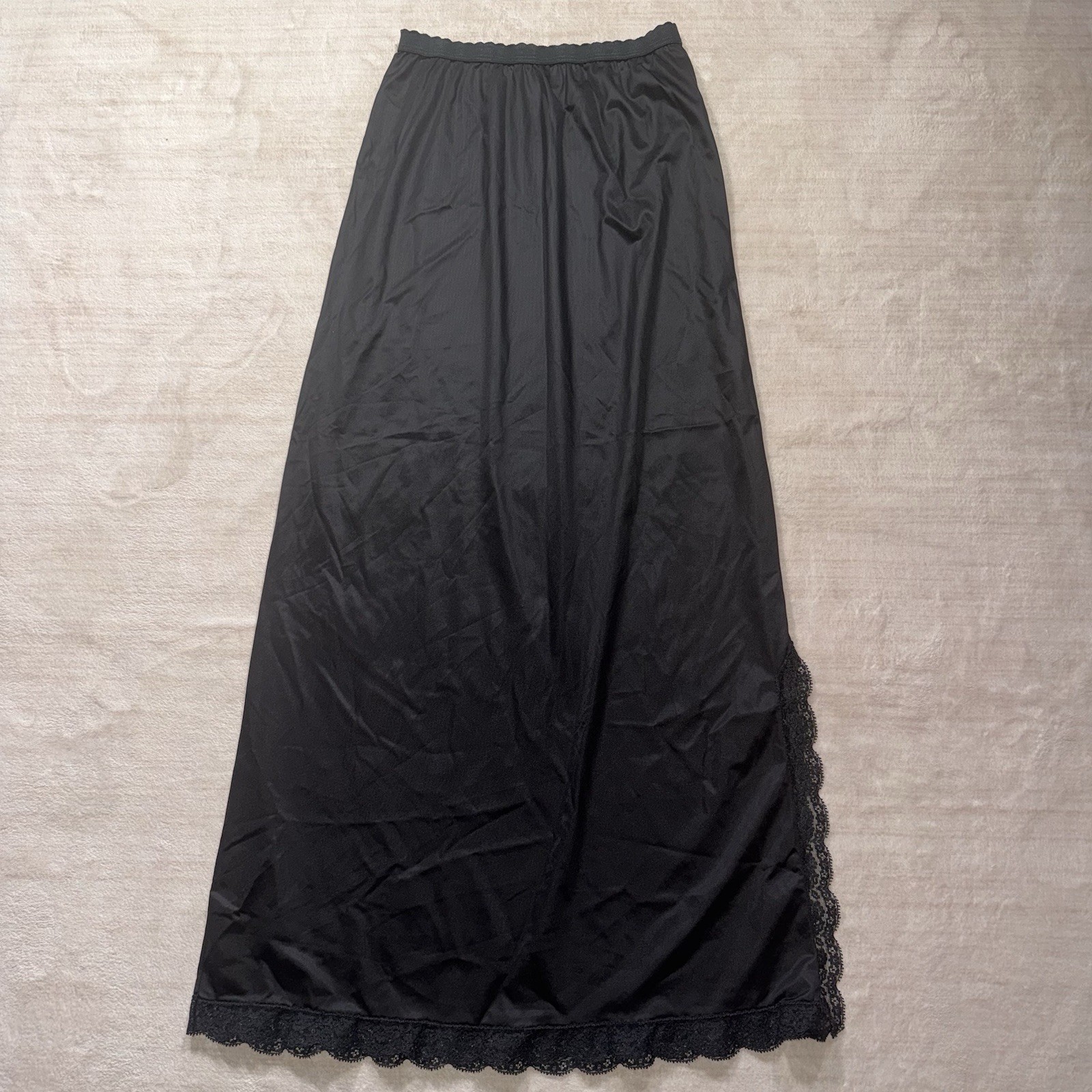 Vintage Velrose Black Maxi Slip Medium 36” Nylon Lace Trim Elastic Waist USA