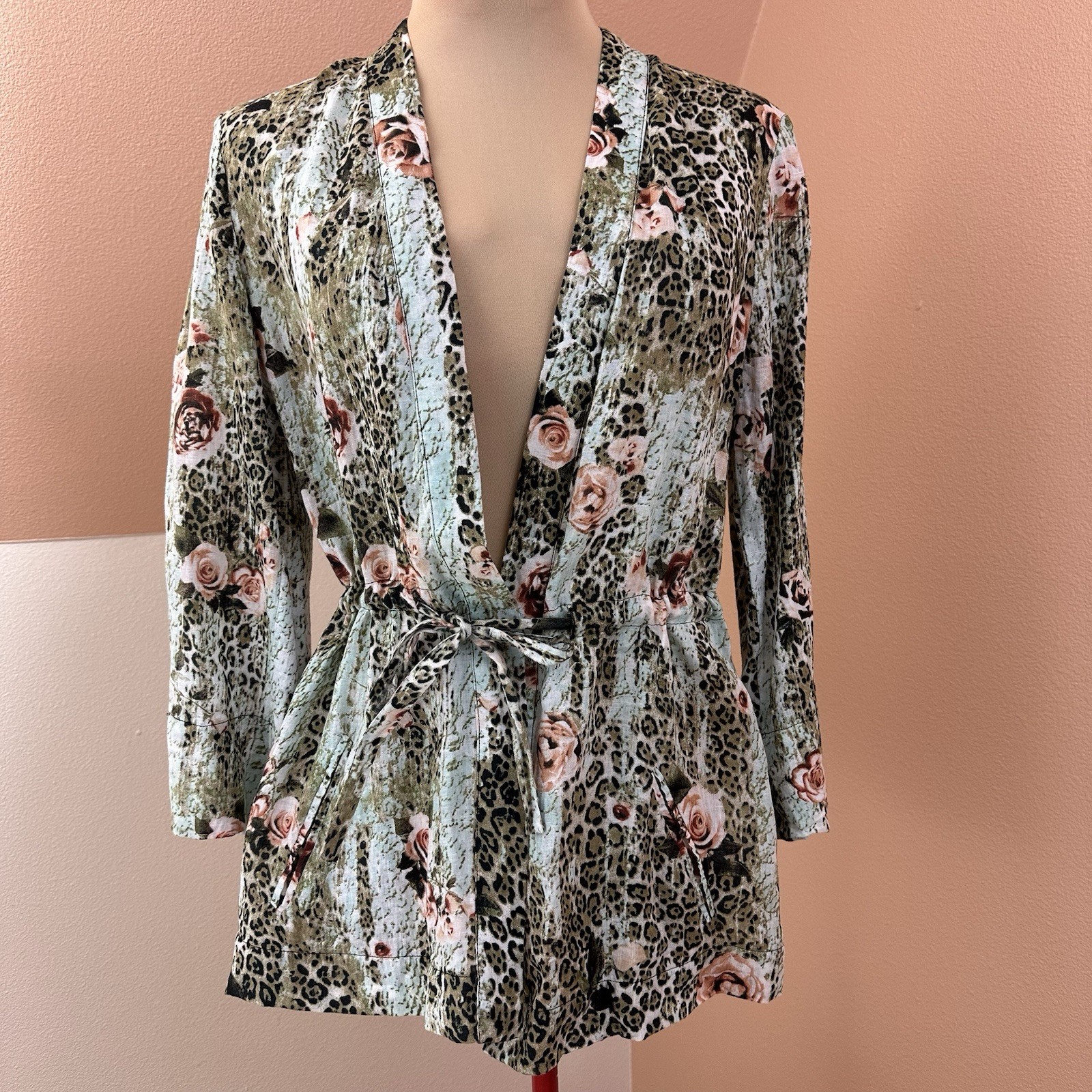VTG Alberto Makali Linen Jacket XL Art To Wear Leopard Floral Belted Made in USA