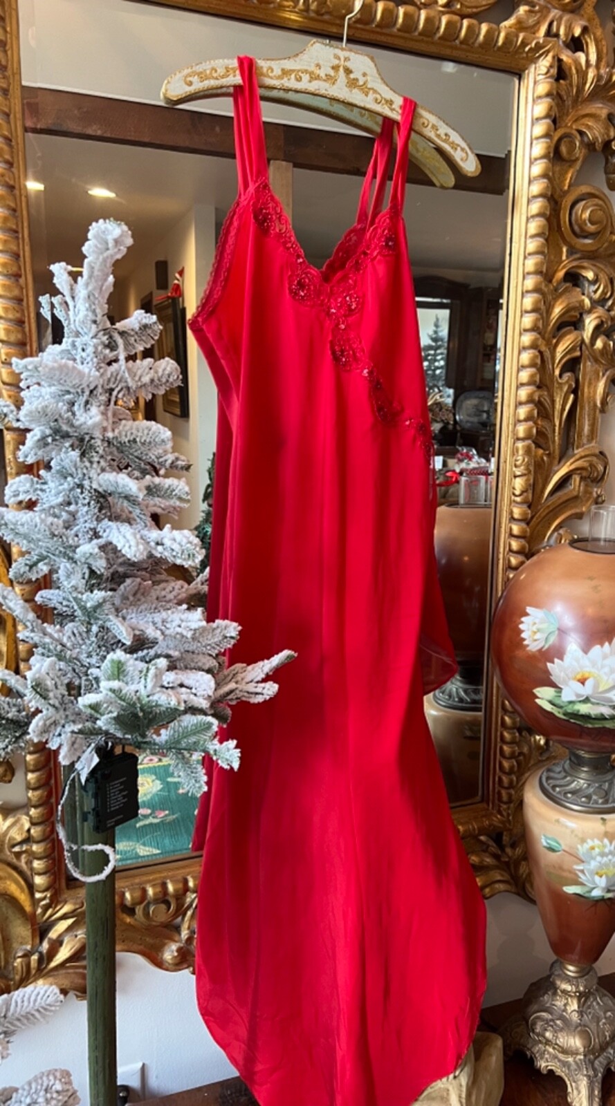 Vintage Candy apple red night gown size medium Long in length has Chiffon ruffle