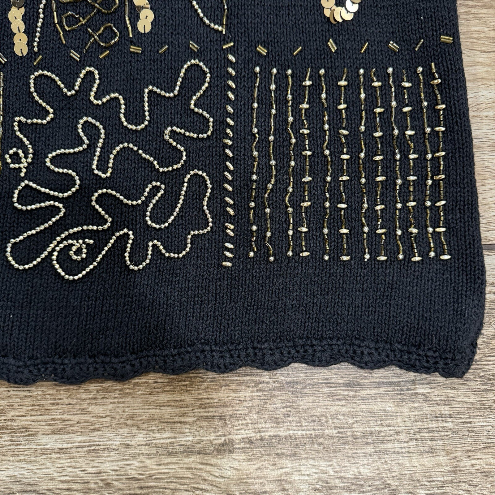 Vintage 80’s Black Gold Beaded Sequin Sweater Size Small Grandmacore Margules