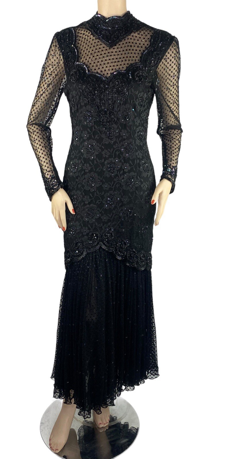 Vintage JUDITH ANN Creations Black Beaded Prom Formal Dress Gown S 80s 90s