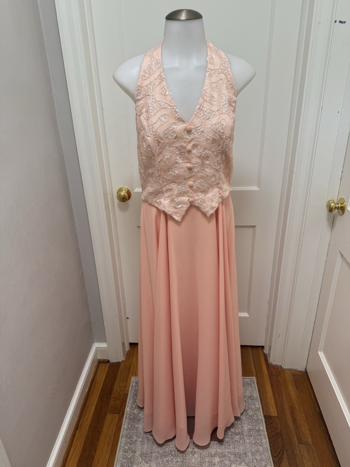 VTG 90s Faviana New York Halter Gown Peach Sequin Backless Maxi Dress Size 13/14