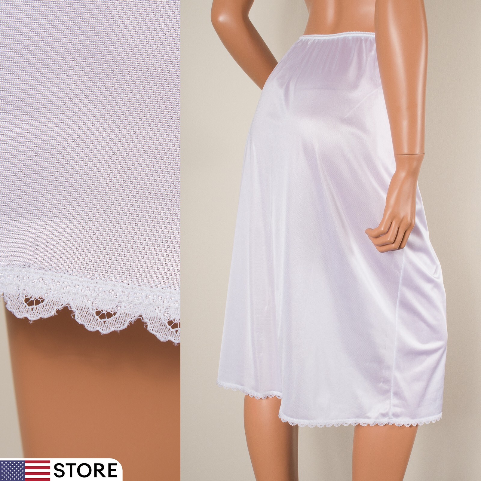 💖 WARNERS Perfect Measure White Silky Nylon Half Slip Skirt Lace Hem M