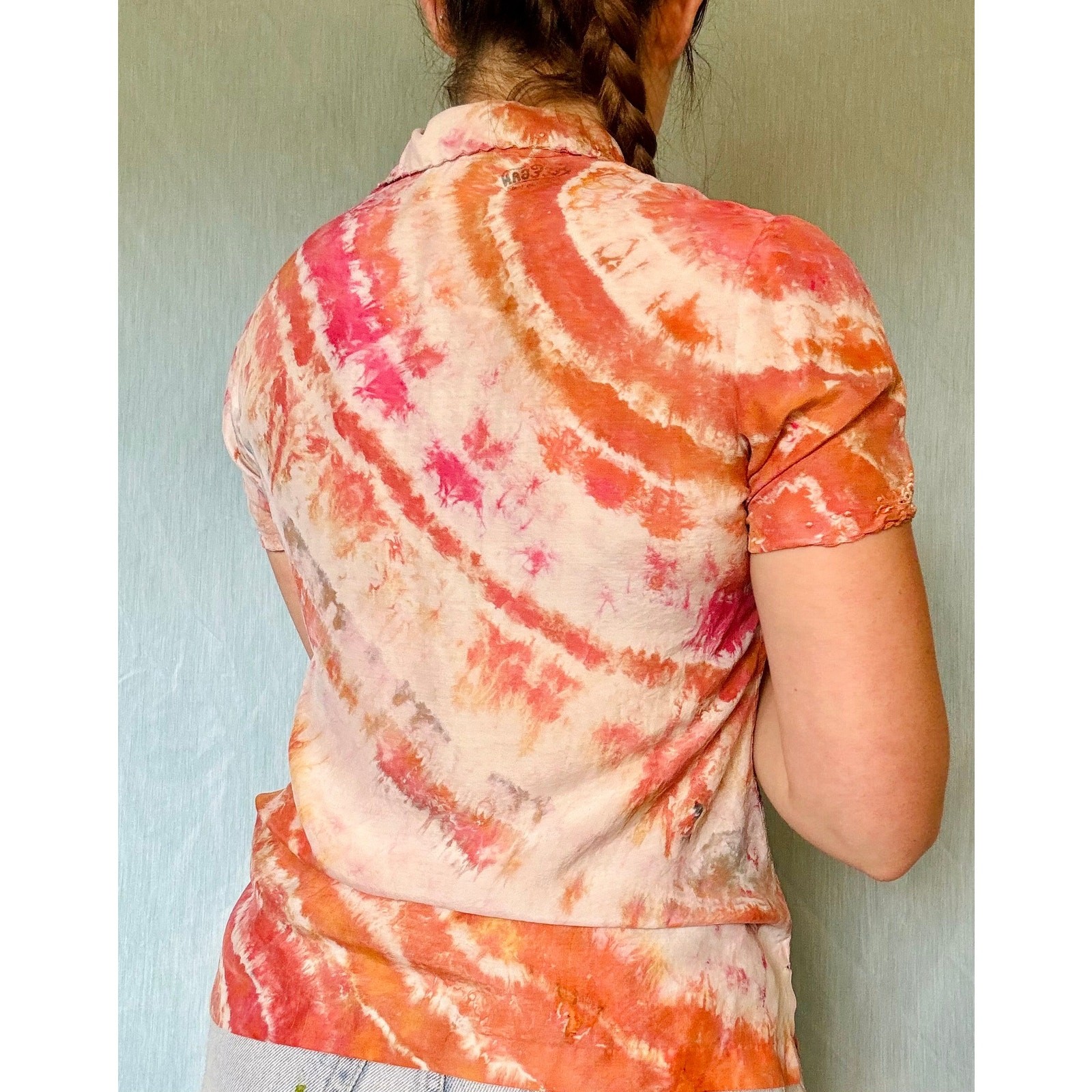 Shibori Dyed Vintage Silk Blouse Orange Pink Button Up Reworked Tie Dye Upcycled
