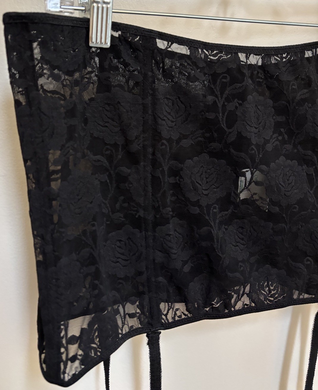 Vintage Crown-ette Black Rose Lace Garter Open Bottom Girdle Style 066 Sz 44/7X
