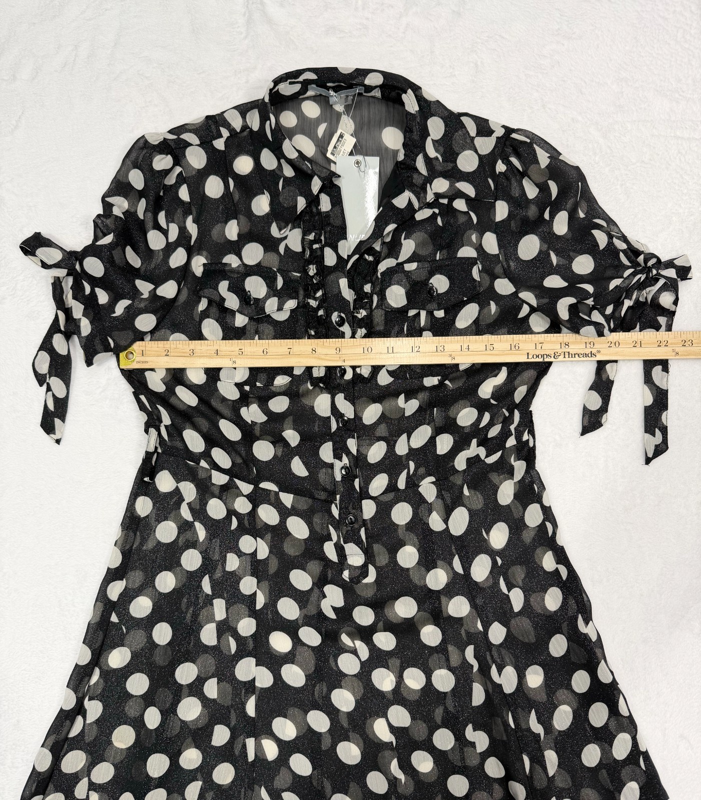 Vtg Black & White 90s Polka Dot NWT Sheer Chiffon Large Dress Ruffled Button Up