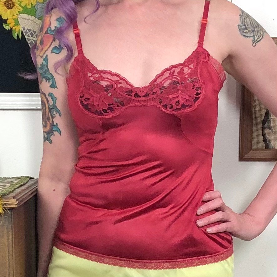 Vintage Dark Coral Camisole Top, 1970s Hand Dyed Lingerie Cami, Sz XS