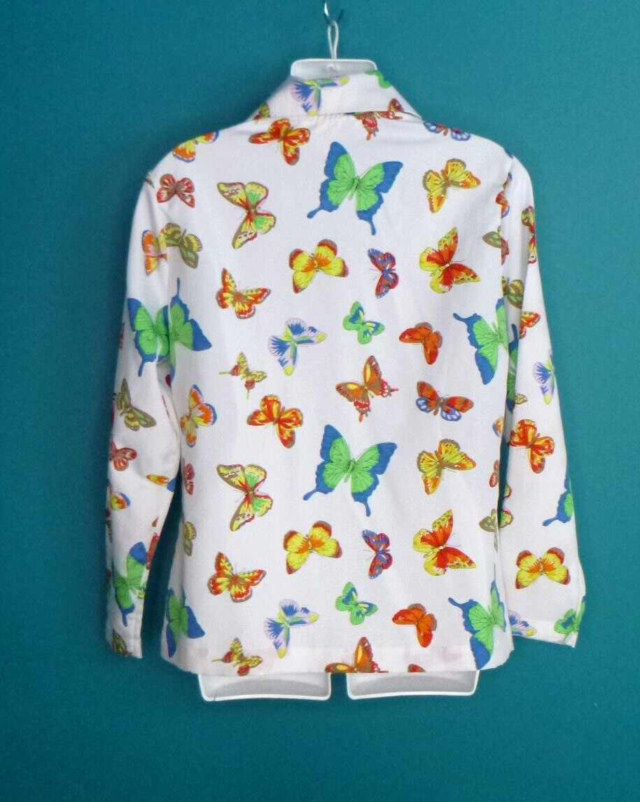 Vtg 70s NPC Fashions Zip Front Woven Poly Shirt Top Colorful Butterflies Sz 34