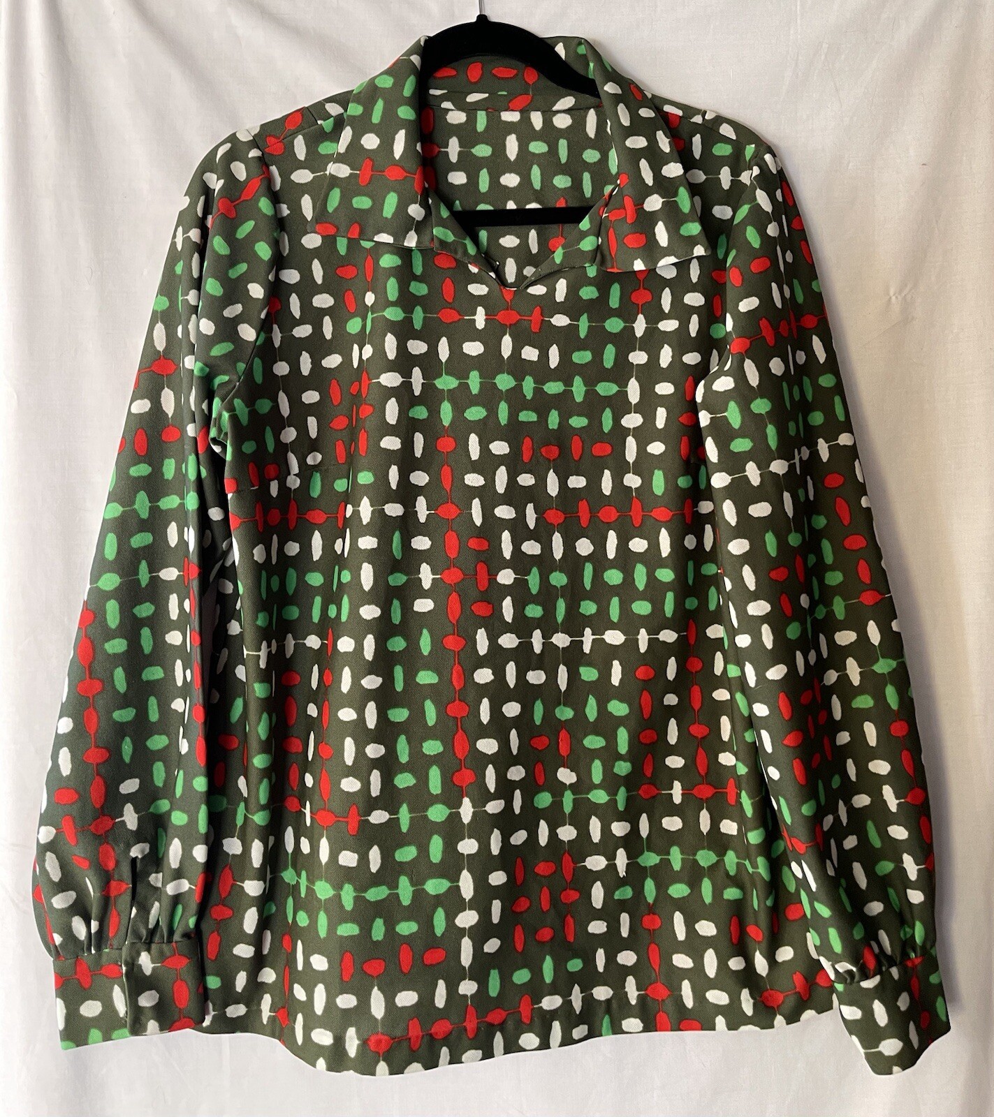 Vintage 60/70’s Tunic Blouse Women’s, Olive Green & Red White Geo Print, L, EUC