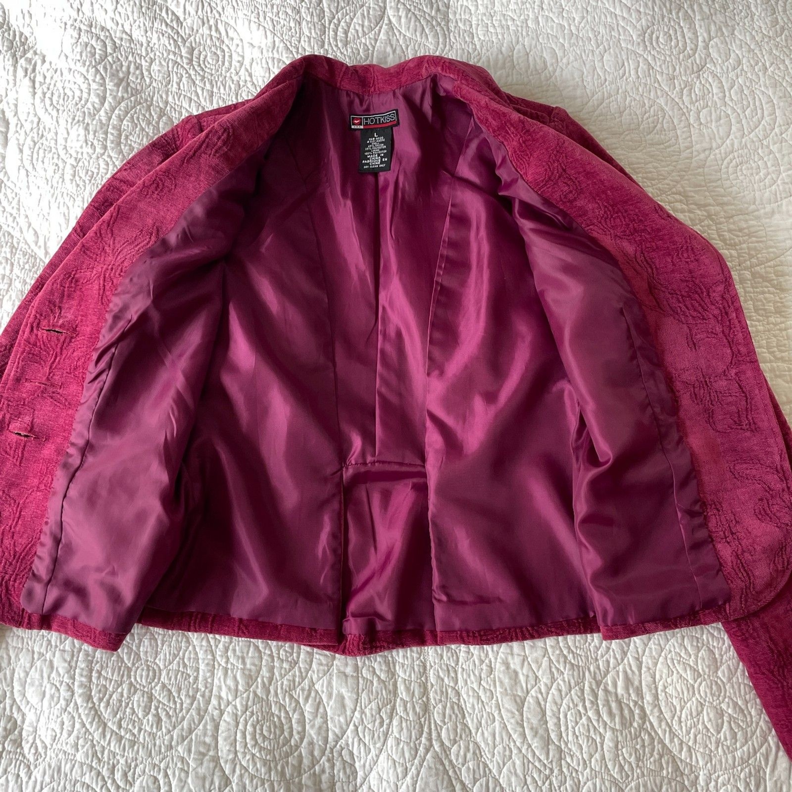 Vtg Y2K Hot Kiss Raspberry Floral Textured Blazer Sz L Slim Fit Juniors Cropped