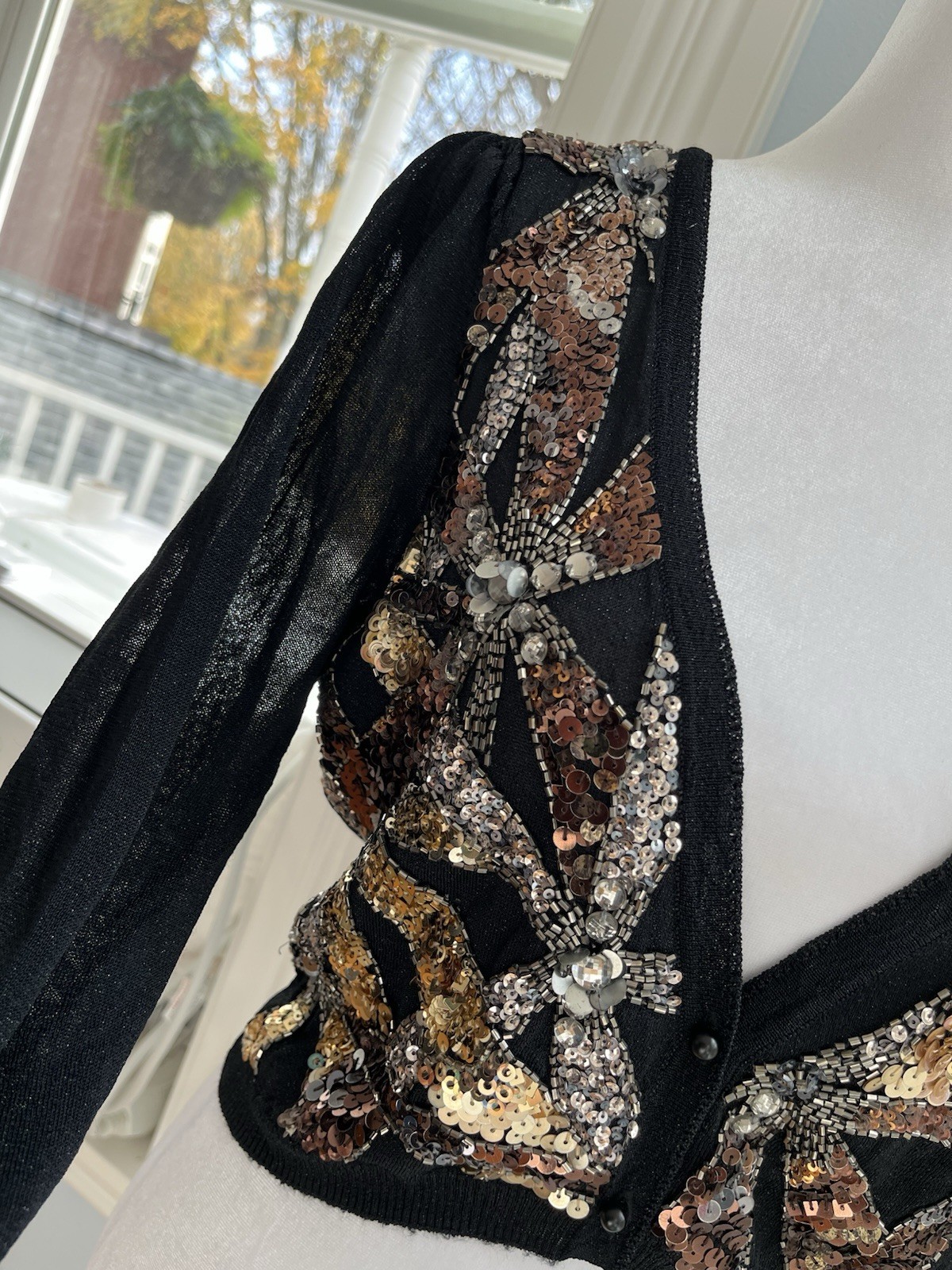 Sequin Beaded Sheer Black Gold Cardigan Sweater Pin-up Evening 80’s XS S Cropped