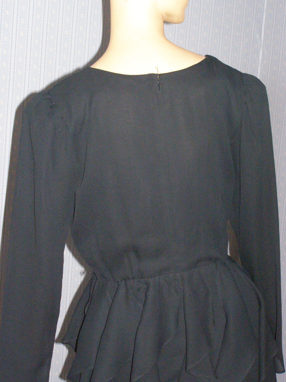 Vintage 80’s simple black semi-sheer TIERED RUFFLE dress S M chiffon evening