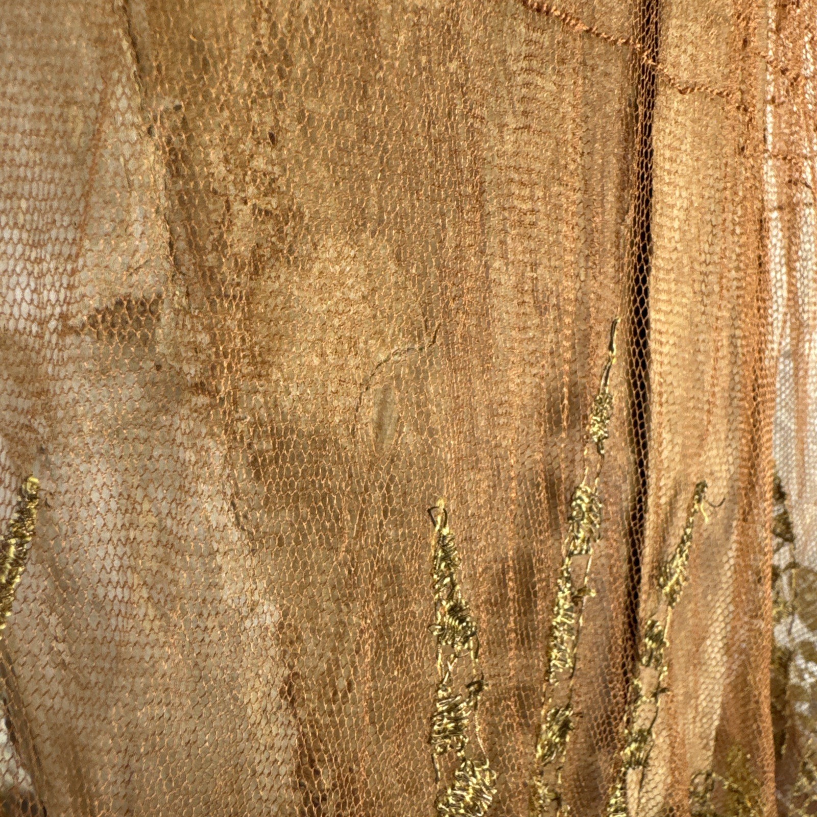 Antique 1920s Copper Net Skirt Silk & Metallic Embroidery Dress Vintage