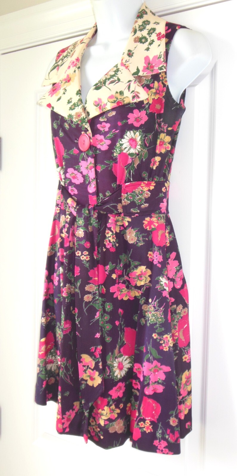 Vintage Floral Dress sz ~S Large Collar Button Front w Belt 60’s 70’s Sleeveless