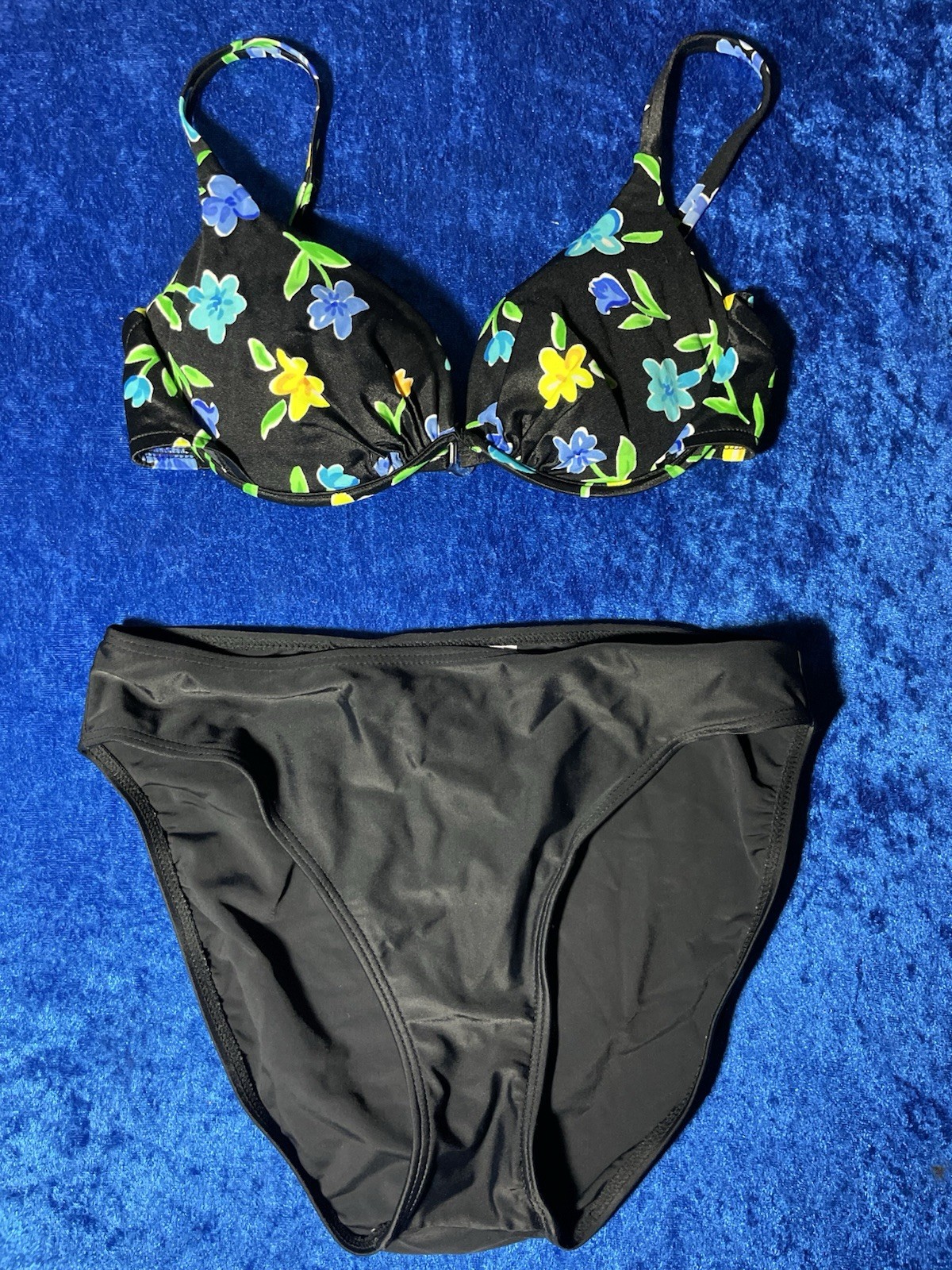 Vintage Sun Streak Swimsuit Black Blue Bikini Floral Underwire Padded Size 12
