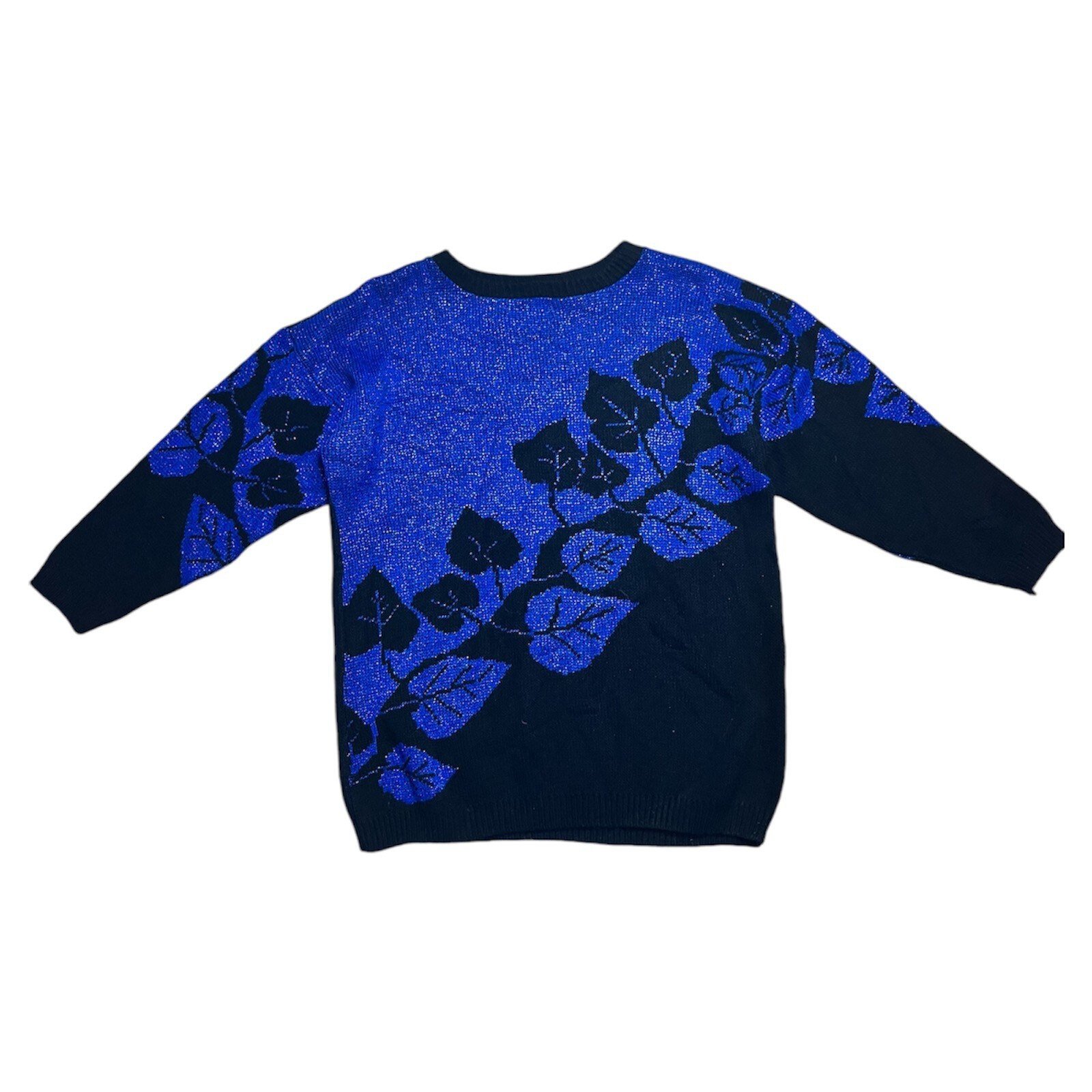Vintage 80’s Jumper 12-14-16 M/L Blue/Black Sparkly Lurex Leaf Pattern