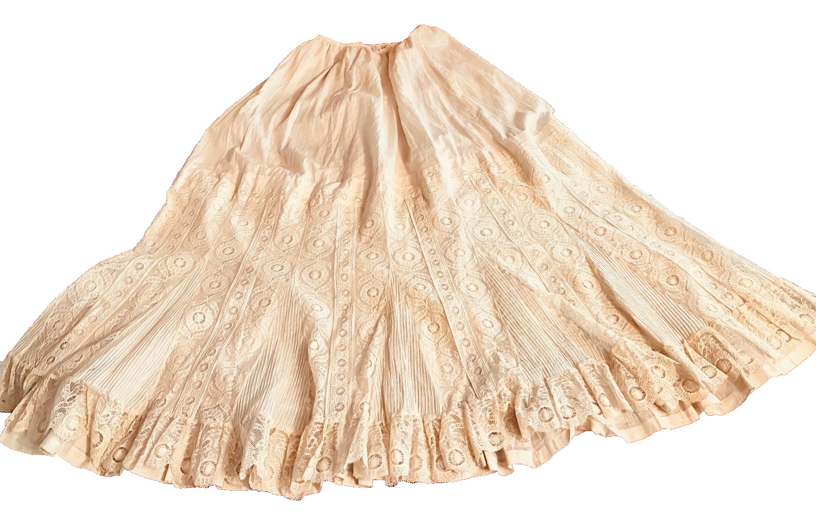 Edwardian White Cotton Petticoat Spider Medallion Brussels Lace Eyelet Ladders