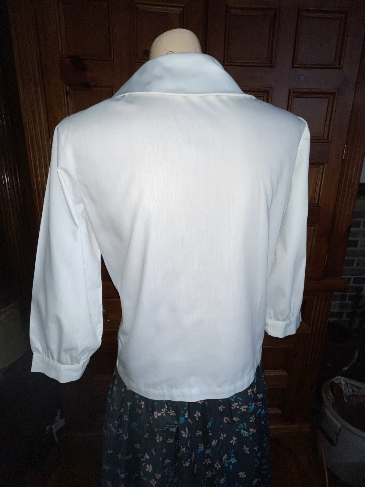 Vintage Sybil White 3/4 Sleeve Blouse Round Collar Detachable Sash Tie Front