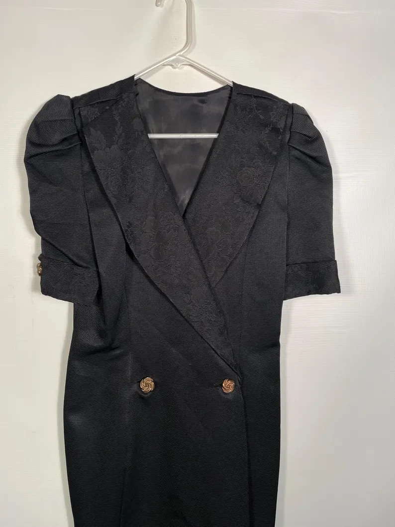 Vintage 1980s Black Taffeta Tuxedo Dress With Floral Brocade Collar Size S/M
