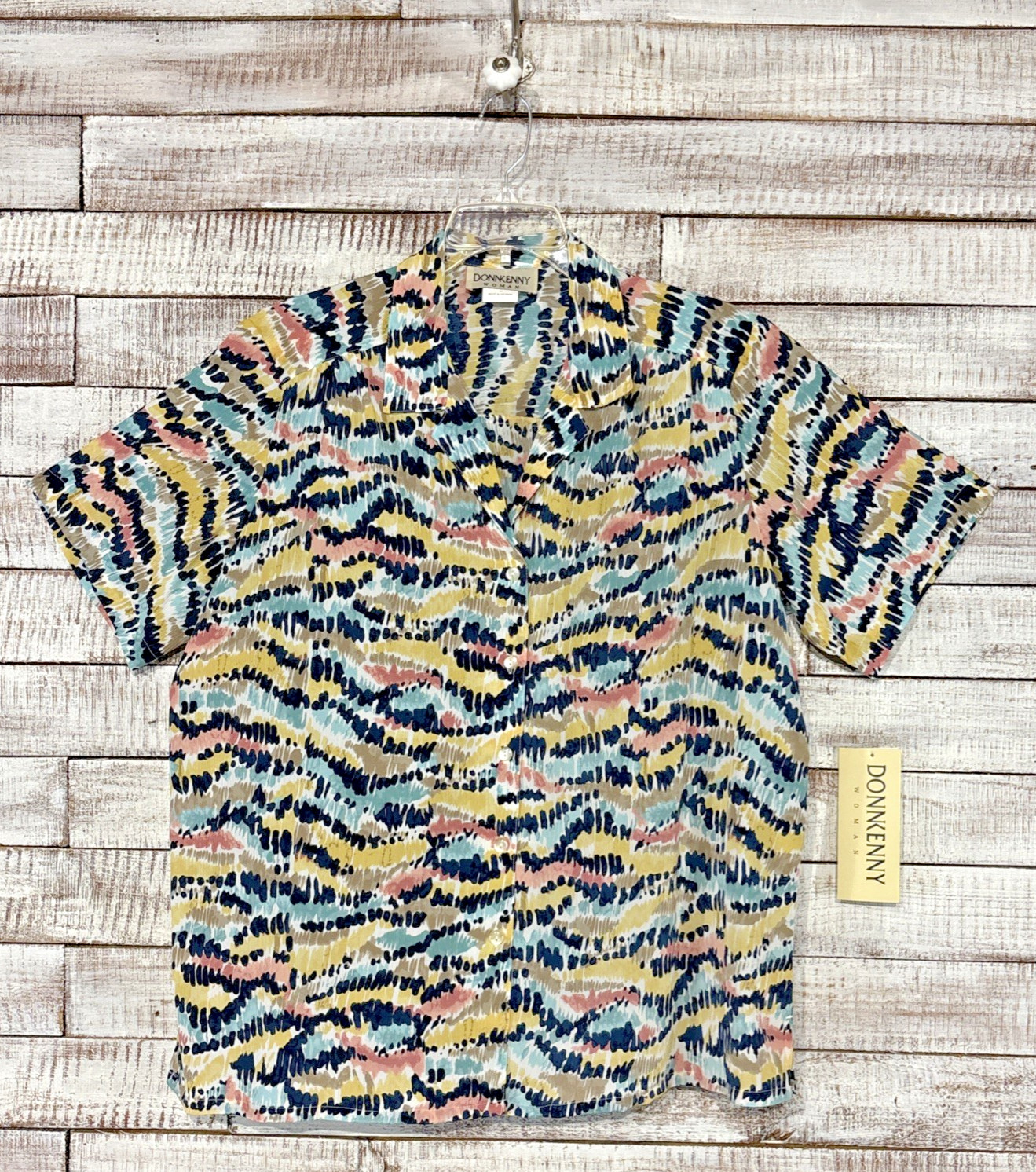 Vtg Donnkenny Woman Abstract Ikat Print Camp Shirt Blouse NWT Plus Size 2X Retro
