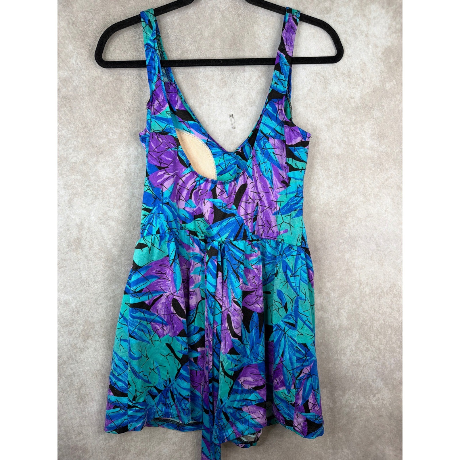 Maxine of Hollywood Swim Dress Women 16 Blue Purple Tropical Leaf Vintage 90s
