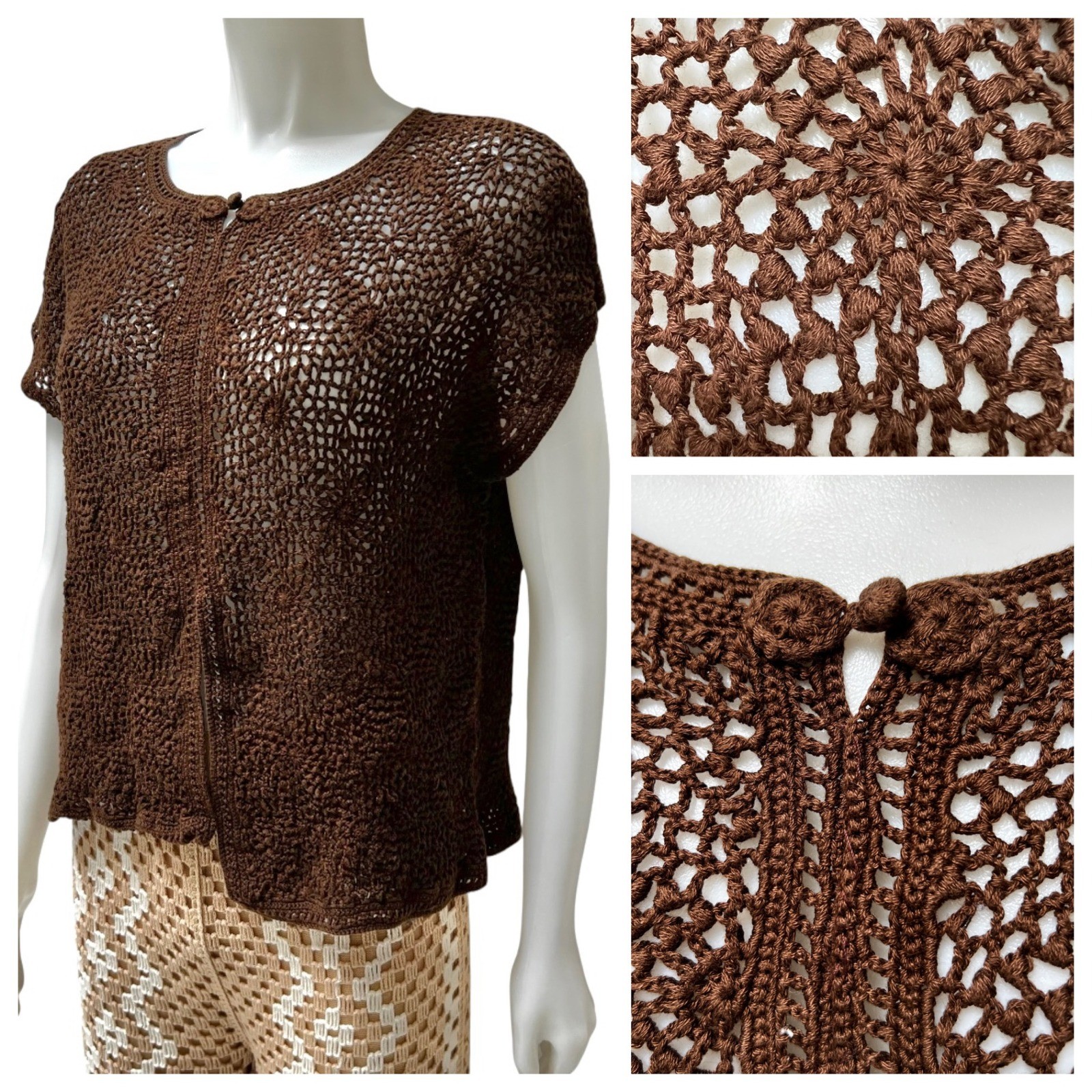Y2K Jones NY Open Crochet Top Brown XL Mercerized Cotton Boho GrandmacoreVTG