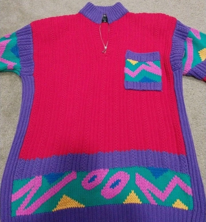 Kitty Hawk Vintage Colorful Sweater 80s 90s Front Zipper And Pocket Size Large