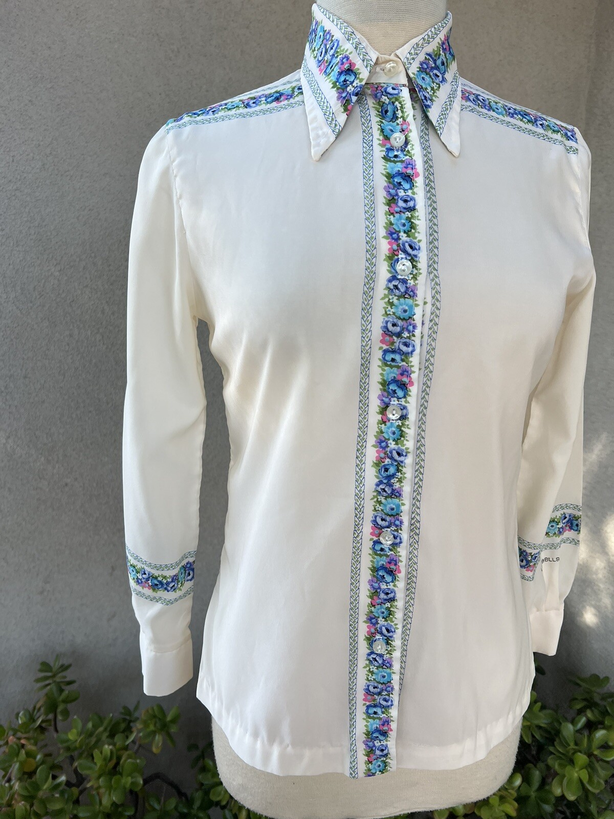 Vtg Blouse sheer white pink blue floral trim Small By Loubella