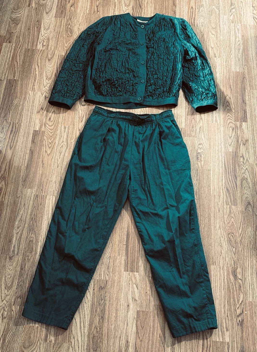 Vintage Gene Ewing Bis Wrinkled Denim 2-Piece Pants & Jacket Set Green