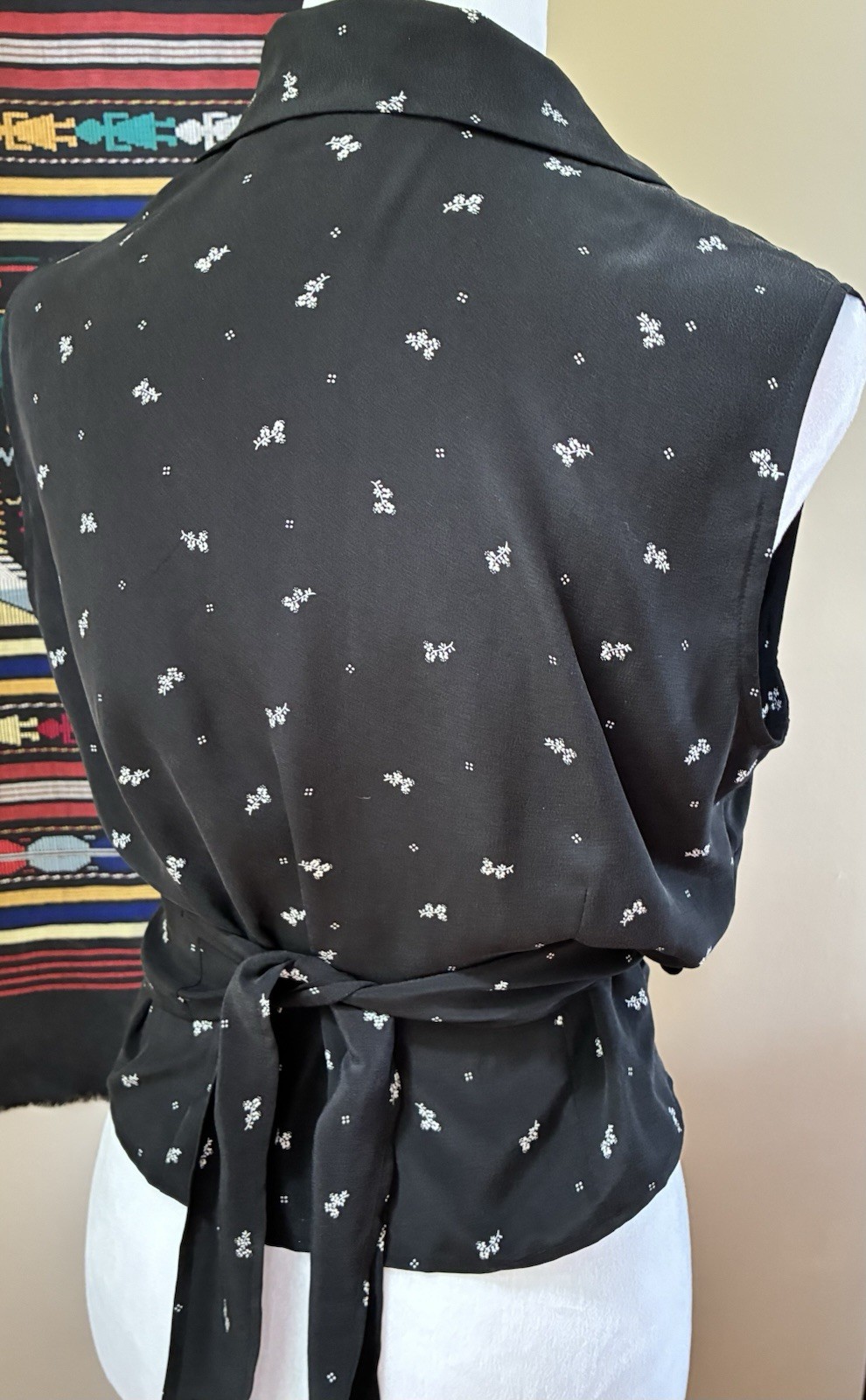 Vintage 90s Y2K Black Silk Collared Sleeveless Wrap Tie Shirt Blouse Career L