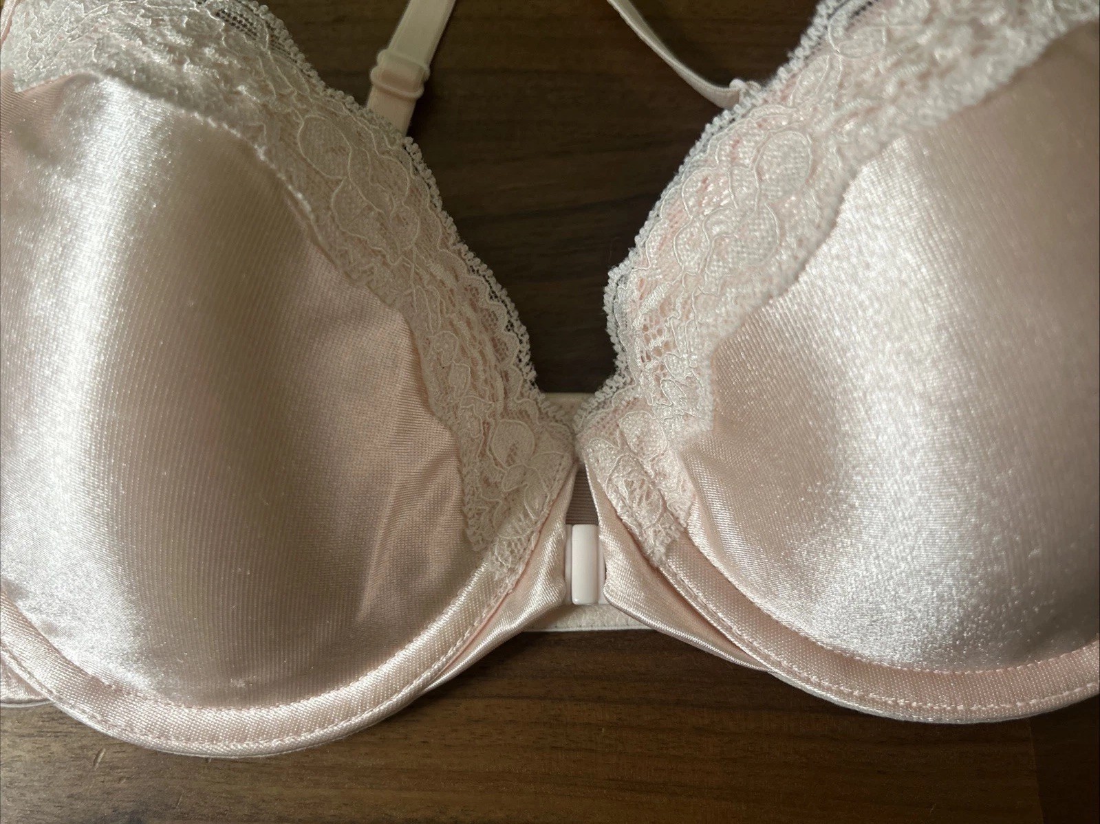 Vintage Sears Pink White Lace Trim Shiny Second Skin Bra Size 36C Front Closure