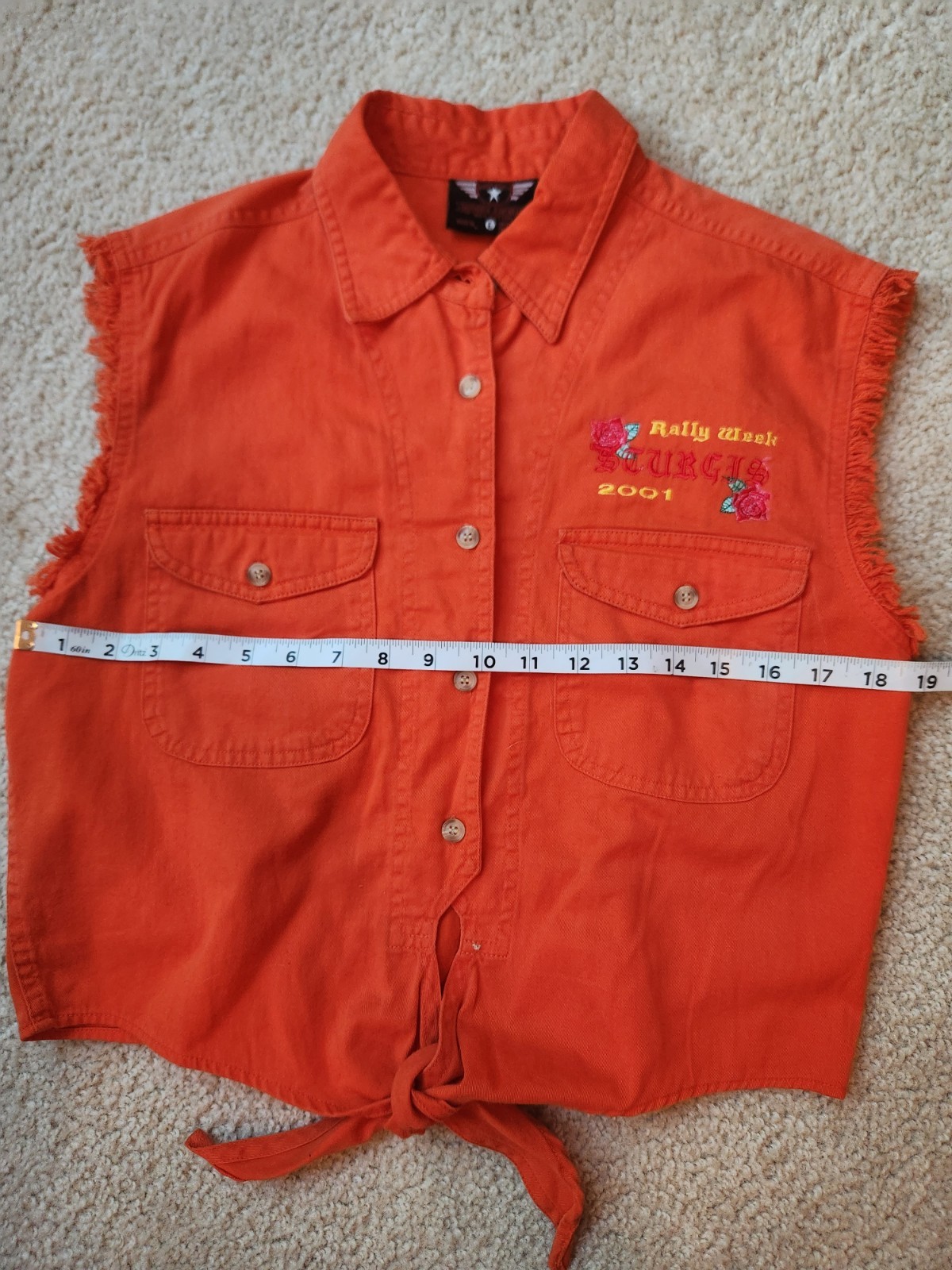 Vtg Sturgis 2001 Biker Rally Sleeveless Frayed Edge Vest Shirt Orange Crop Larg