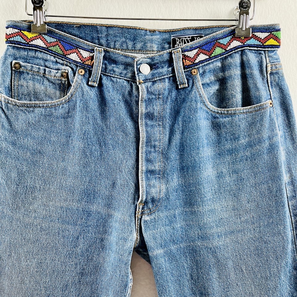 VTG 90’s BUZZ 18 BEADED LEVI’S 501 Jeans Sz 10 Tribal Boho Cropped Length UNIQUE