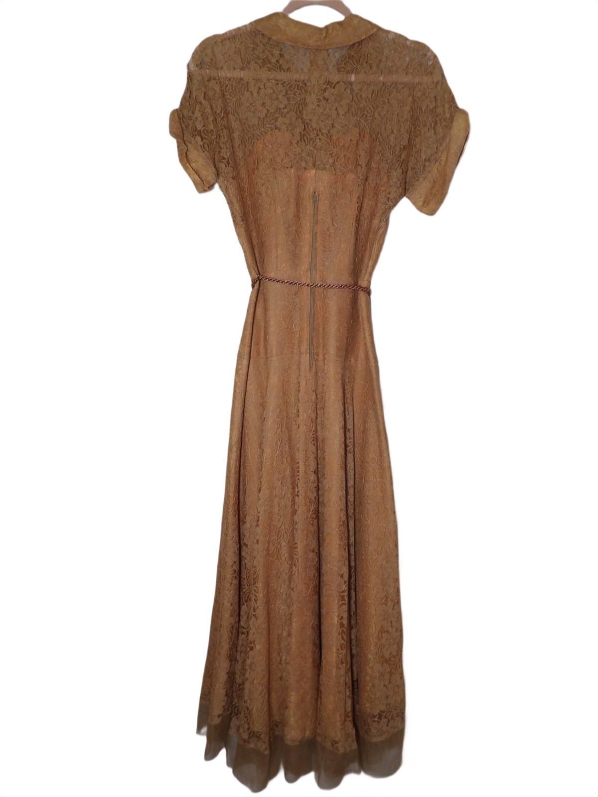 1930’s Vintage Terracotta Lace Dress w/ Collar + Button Down Size XS