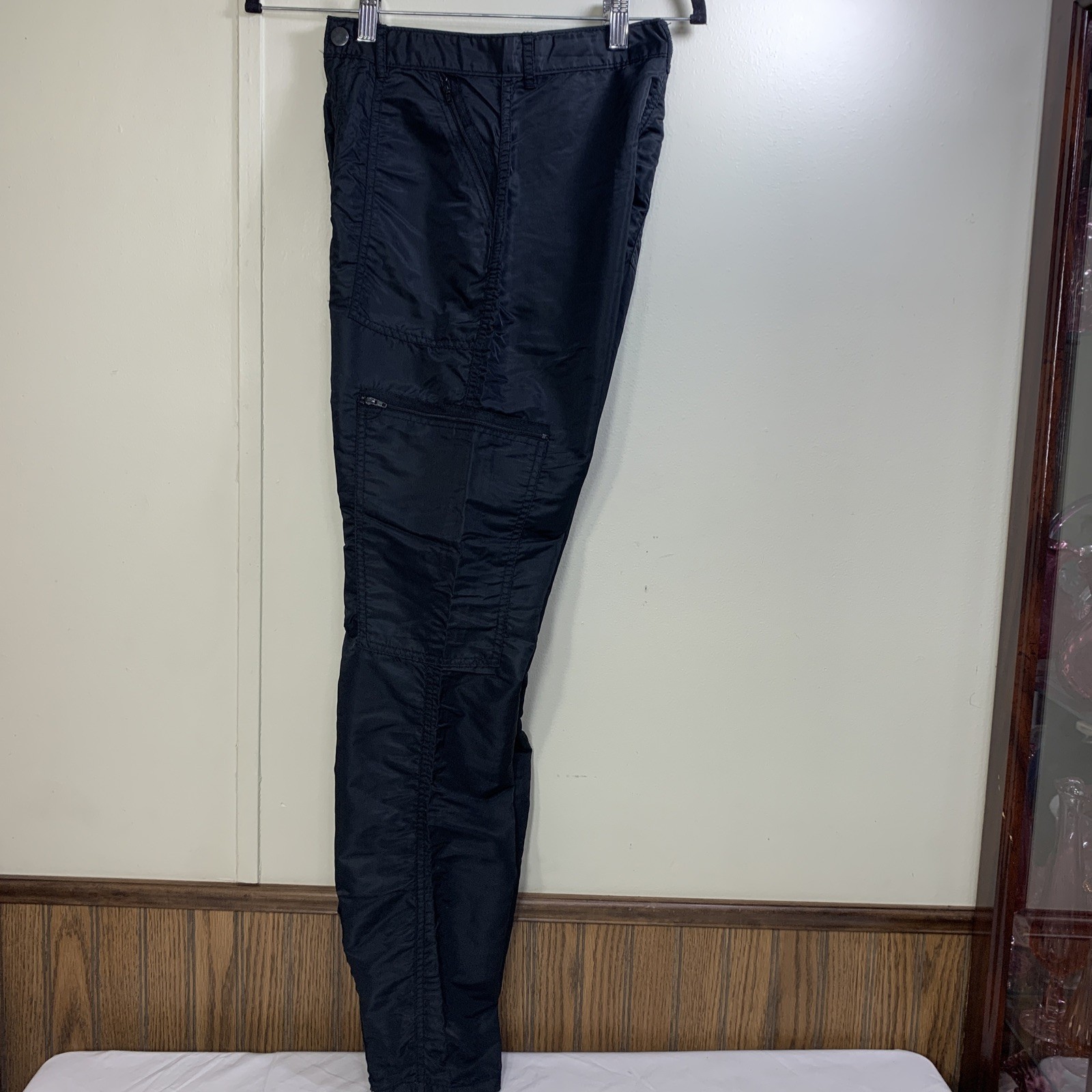 Iconic 80’s Black Parachute Pants Nylon Cargo 6 Pockets Zip Leg Size 7-8