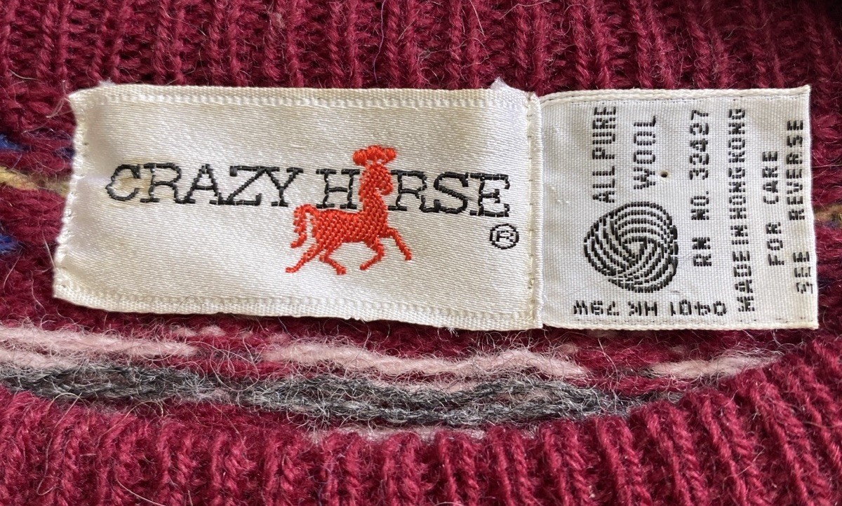 Vintage Crazy Horse M 100% Wool Oversized Sweater Burgandy Print
