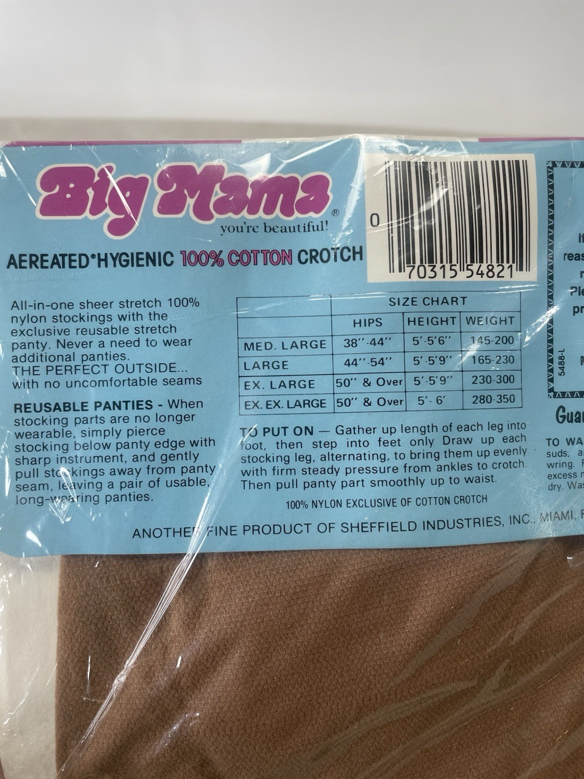 Big Mama Vintage Beigetone Pantyhose Large 5′-5’9″ 165-230lbs. 5488 New