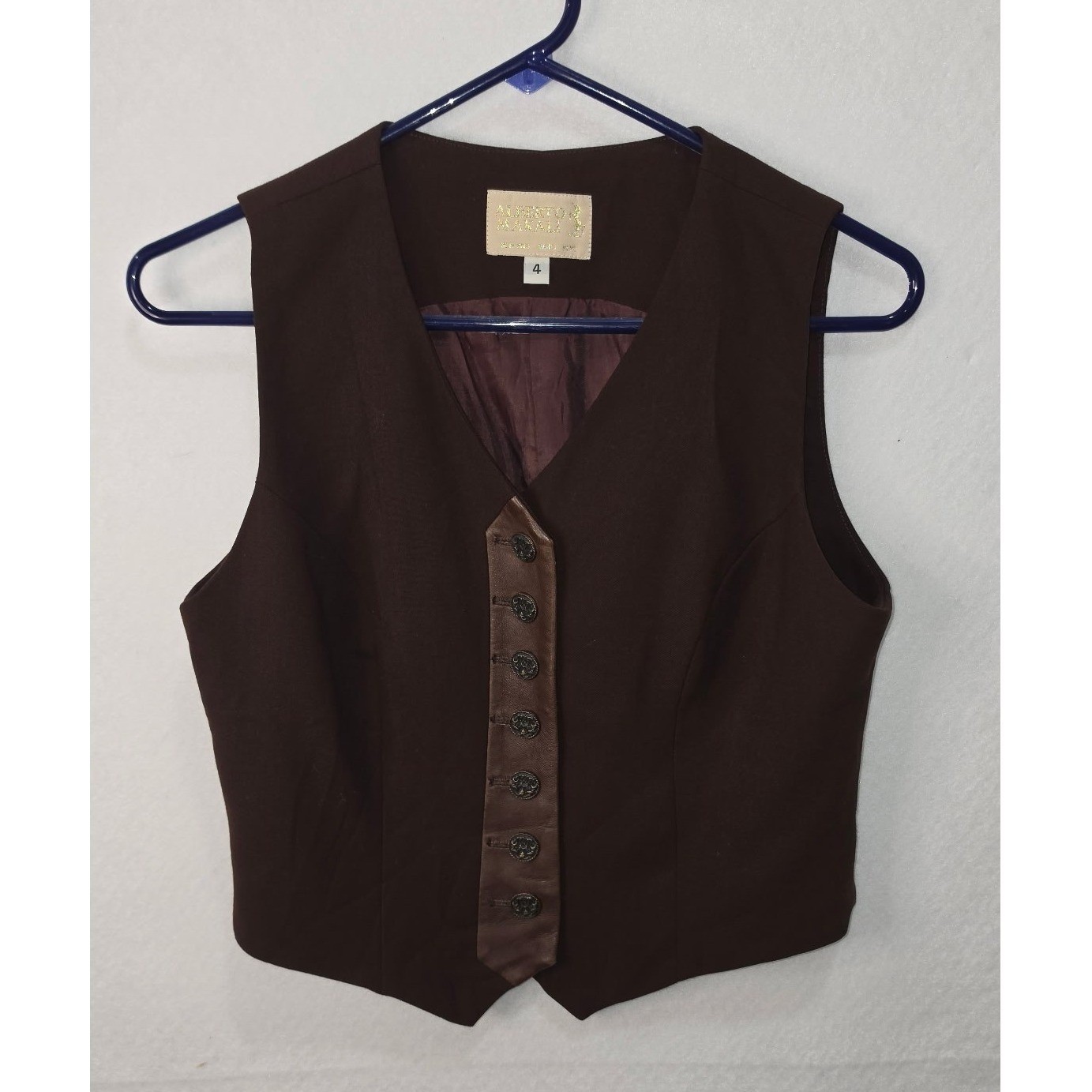 Alberto Makali Vintage Brown Wool Leather Trim Vest Made in USA Size 4