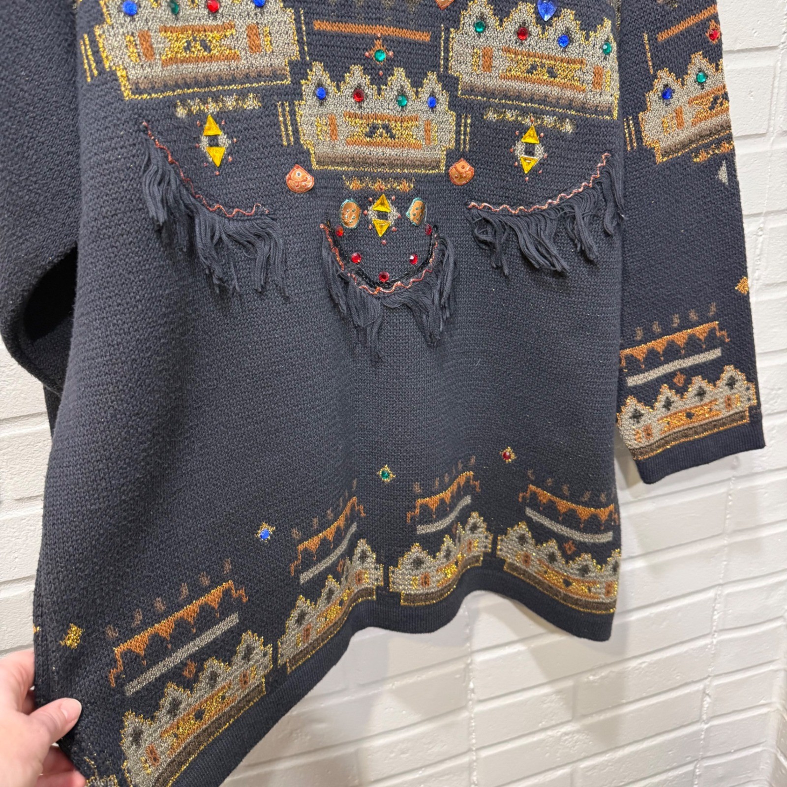 Vintage Dafna D&I Israel Jeweled Fringe Metallic Knit Sweater Med Black 80s 90s