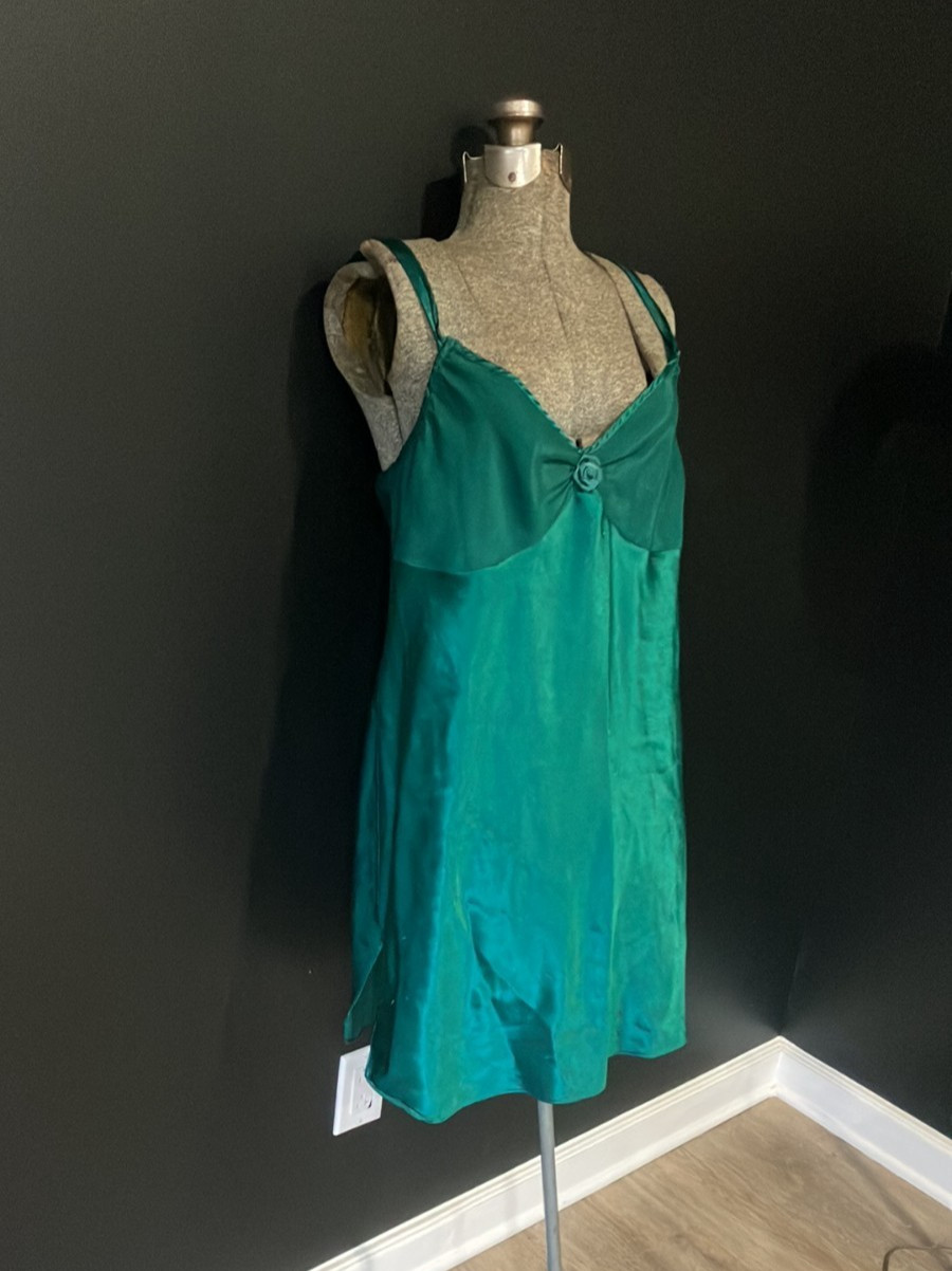 Vintage Adonna Green Satin Slip NIghtwear Dress Size 34 1990s 2000s