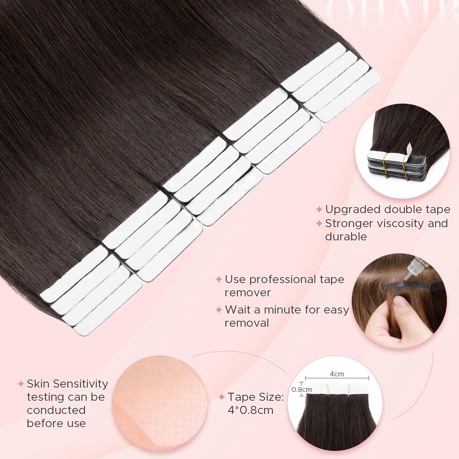 SEGOHAIR Straight Tape-In Hair Extensions Human Hair Double-Sided Adhesive Remy