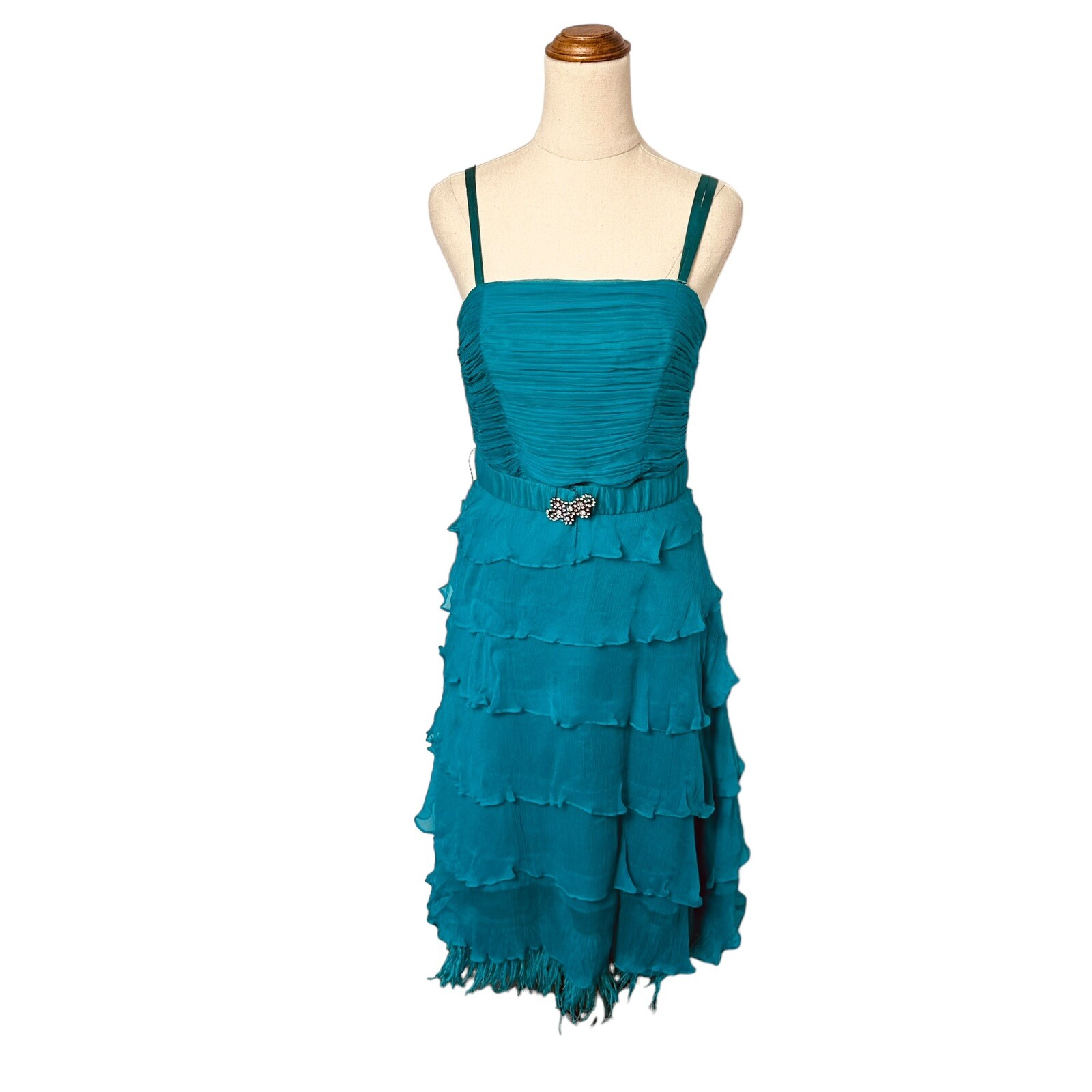 Vintage 90s Y2K Aqua Silk Tiered Formal Prom Dress Feather Trim Sz 10 McBling