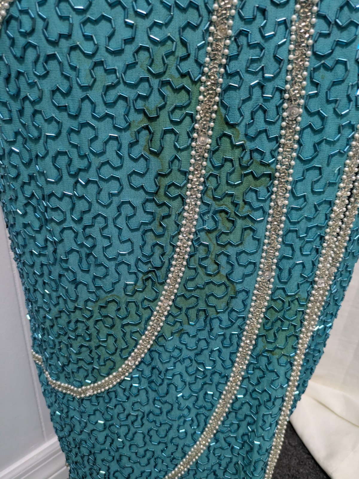 Vintage Naeem Khan Lillie Rubin Ladies L Silver Aqua Beaded Sequin Gown Long Slv