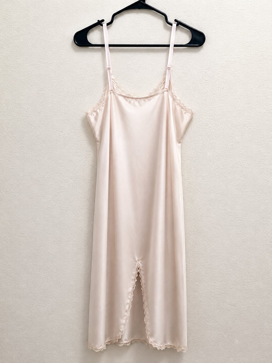 Vintage Shadowline Pale Pink Nylon Lace Trim Full Slip Chemise Dress